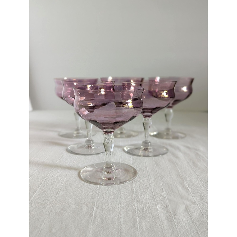 Six Vintage Amethyst Purple Coupe Champagne Cocktail Glasses